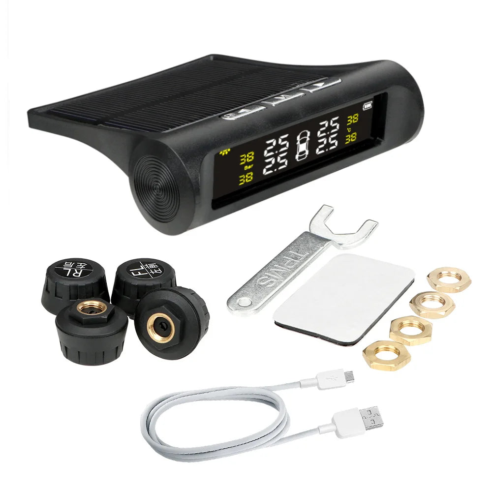 4 Sensors Car TPMS Tyre Pressure Monitoring System Solar Powered Digital LCD Display Auto Securi - Automotive LED Light