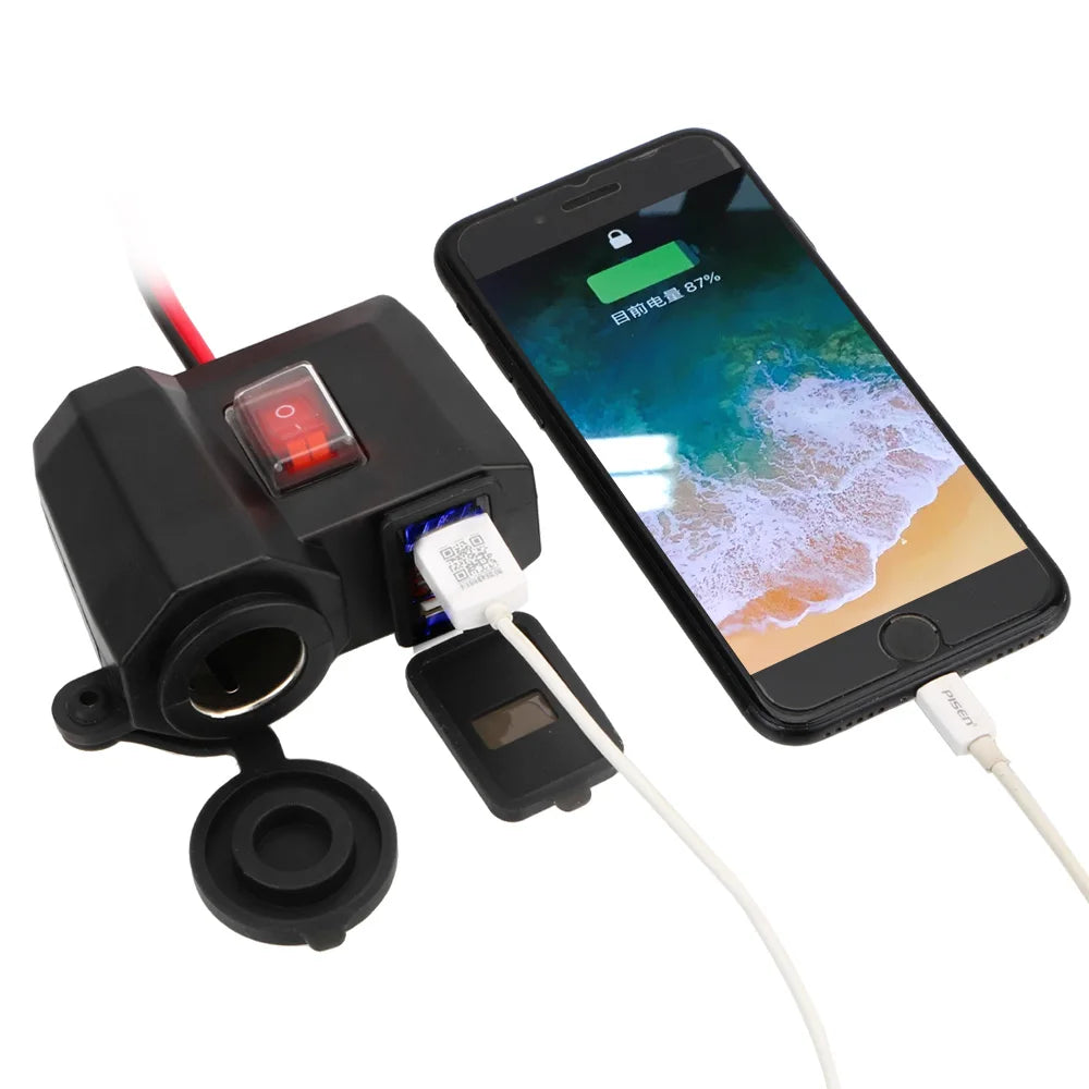 24V 12V Motorcycle USB Chargers 3.0 2.1A Cigarette Lighter Port Volt Switch Cover Cell Phone Pow - Automotive LED Light