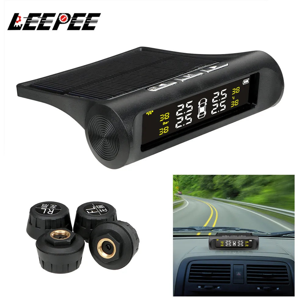 4 Sensors Car TPMS Tyre Pressure Monitoring System Solar Powered Digital LCD Display Auto Securi - Automotive LED Light