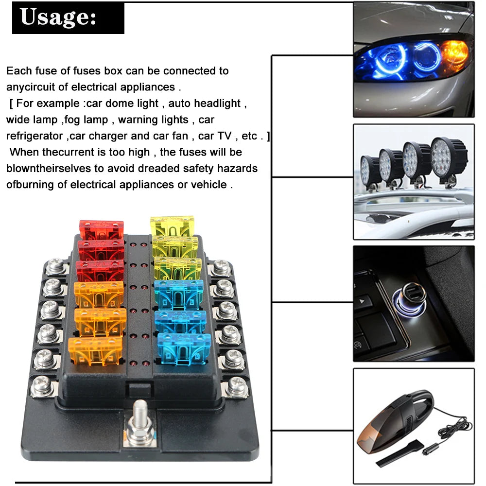 For Vehicles Car Marine Fuse Box Holder 32V 100A LED Indicator Light 6 / 12 Ways Blade Fuse Bloc - Automotive LED Light