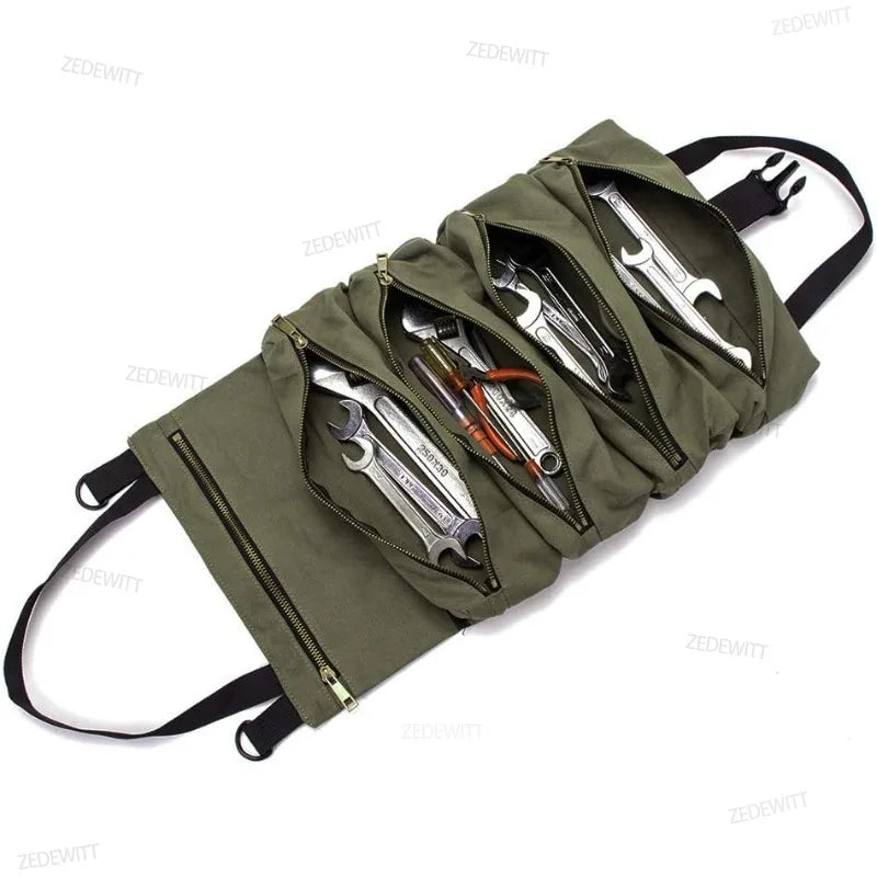 Tool Roll Heavy Duty Multipurpose Roll Up Tool Bag Canvas Wrench Roll Tool Organizer Bucket Car  - Automotive LED Light