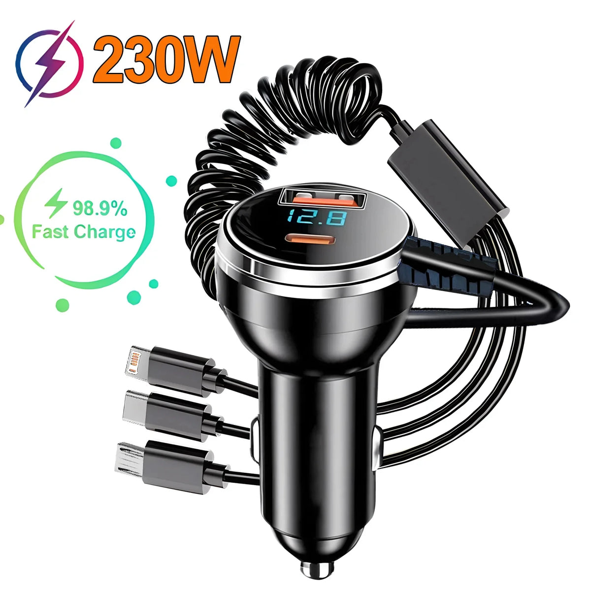 230W 5-Port Fast Charge Car Charger PD QC3.0 USB-C Type-C Adapter for iPhone Samsung Huawei Xiao - Automotive LED Light