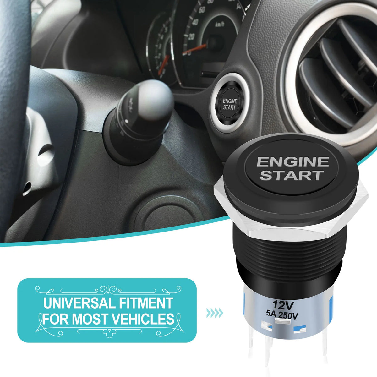 12V Waterproof Car Engine Start Push Button Switch Ignition Starter Silver Stainless Steel/Black - Automotive LED Light