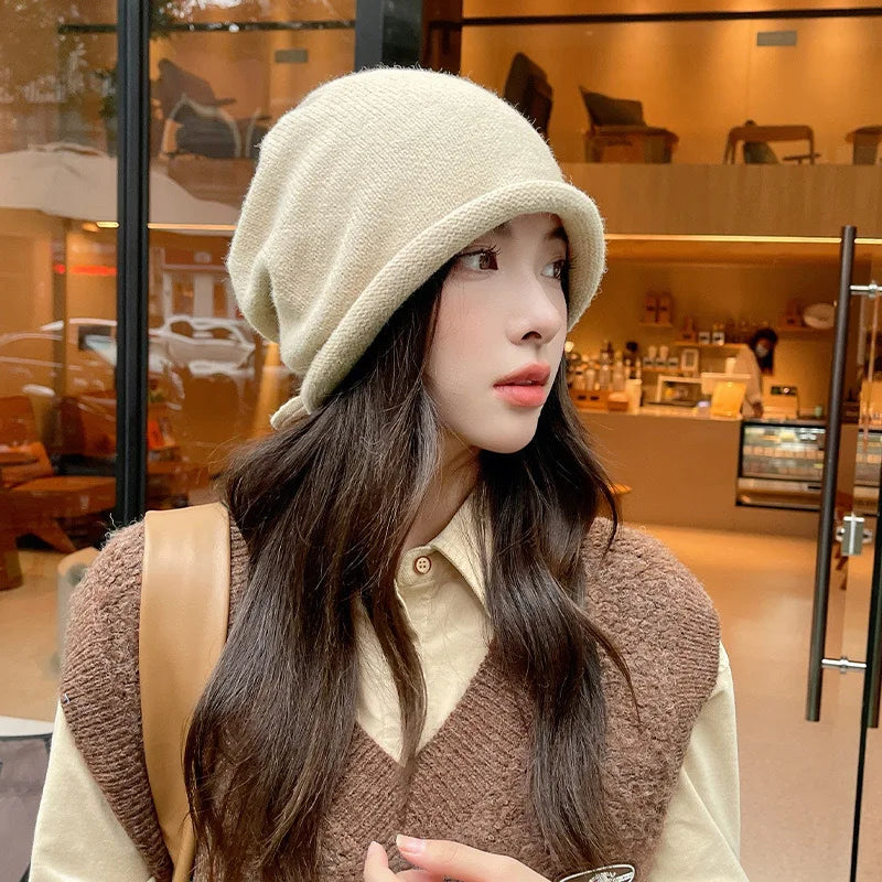 Knitted Bonnet Hoods Female Winter Warm Baggy Slouchy Beanies Hat Women Fashion Drawstring Pullo - Automotive LED Light
