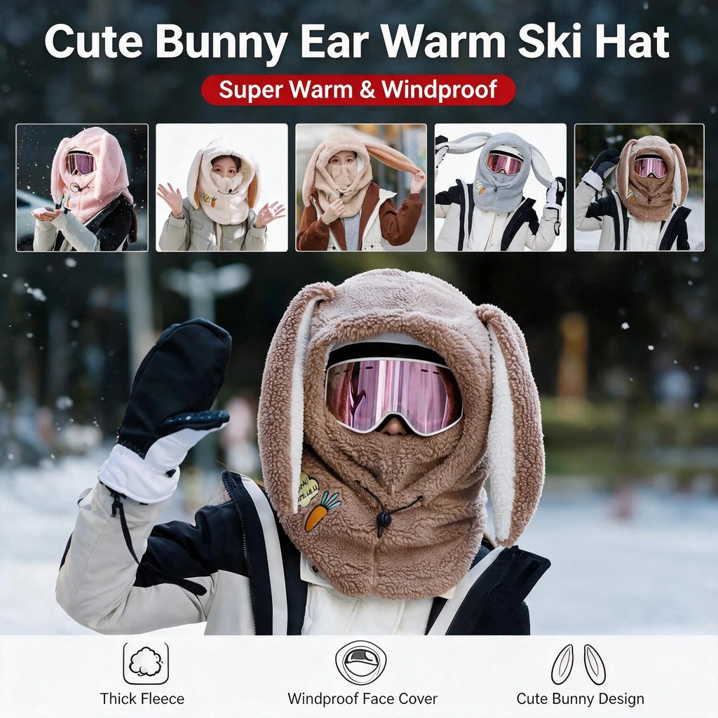 Cute Cartoon Bunny Ears Ski Hat Winter Warm Wool Soft Ski Helmet Cover Scarf Set Decorative Outd - Automotive LED Light