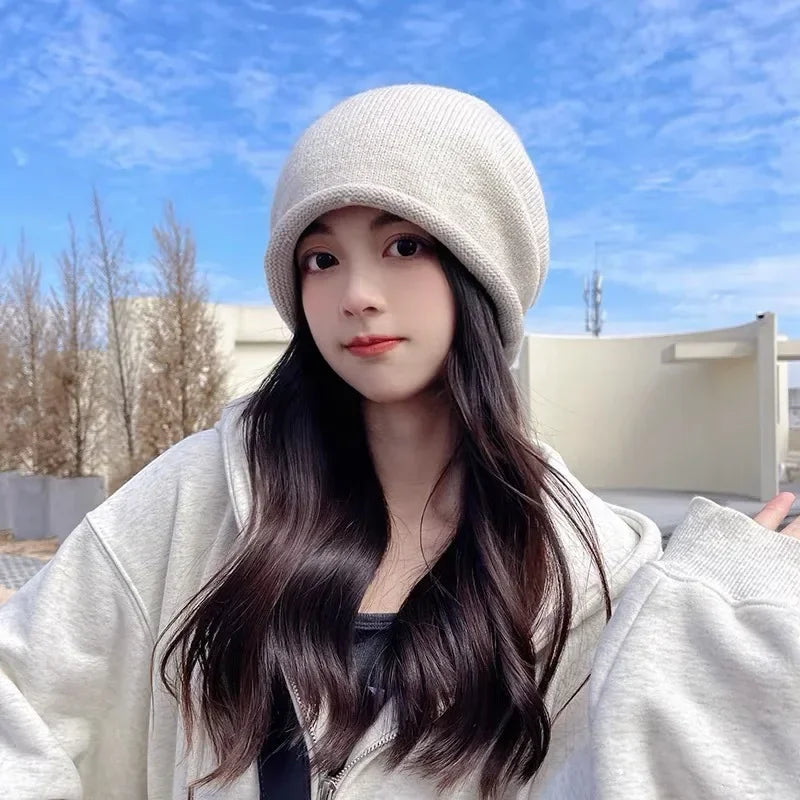 Knitted Bonnet Hoods Female Winter Warm Baggy Slouchy Beanies Hat Women Fashion Drawstring Pullo - Automotive LED Light