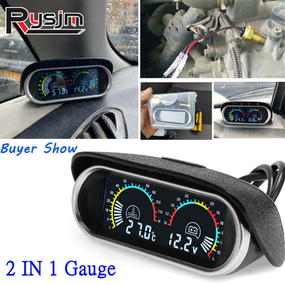 2 in 1 Digital LCD Car Gauges Water Temperature Gauge with 10mm sensor+Voltmeter Voltage Gauges  - Automotive LED Light