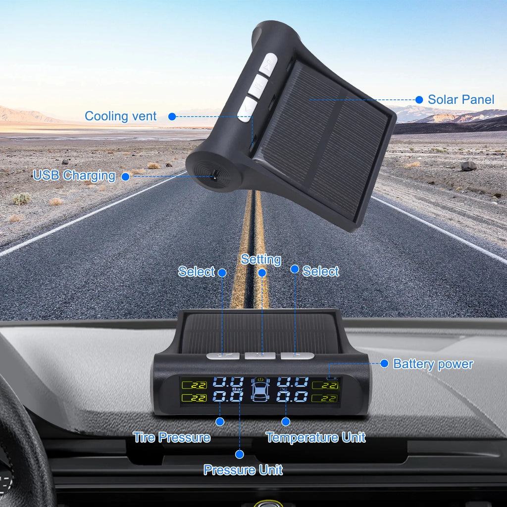 TPMS Solar Tire Pressure Sensor Car Tire Pressure Monitoring System with 4 Wheel Internal Extern - Automotive LED Light