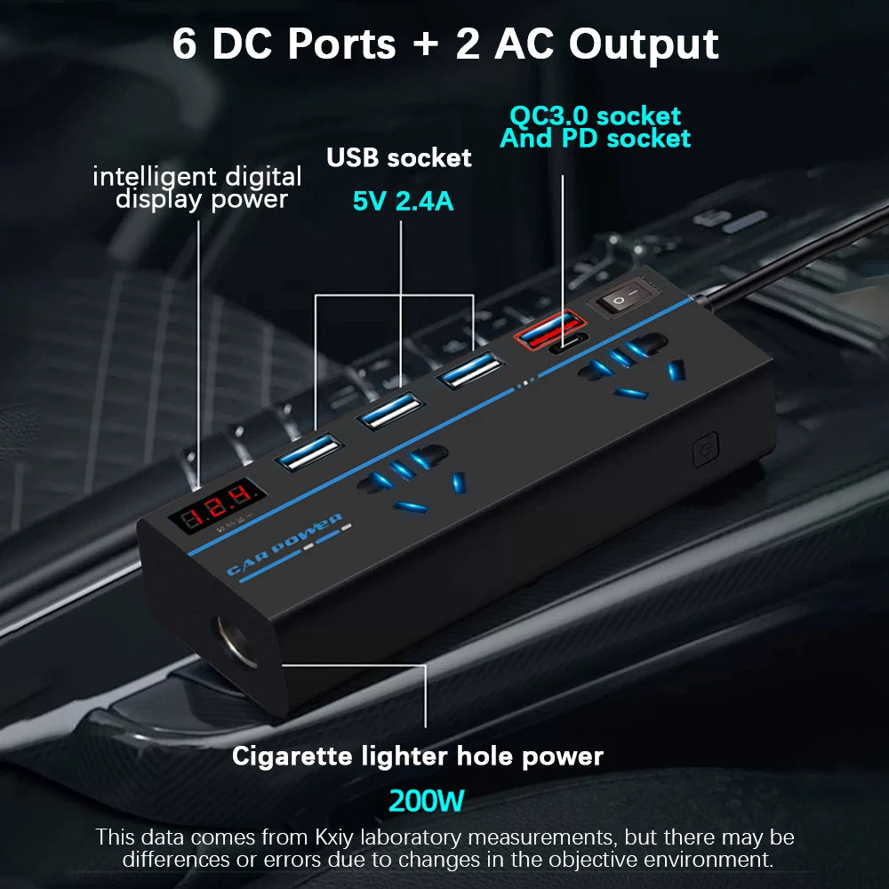 200W DC/AC Inverter Car Power Sockets 12V/24V to 110V/220V 8 Ports With Switch Voltmeter USB Cha - Automotive LED Light