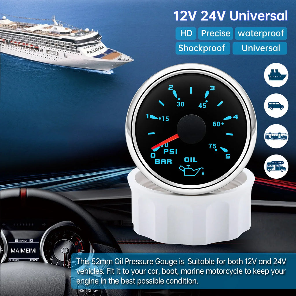 Marine Car Boat 52mm Oil Pressure Gauge+Sensor 0-5Bar 0-10Bar 7 Color Backlight Oil Press Meter  - Automotive LED Light