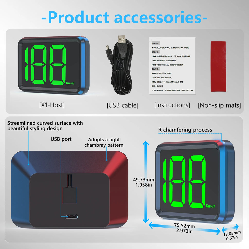 X1 Car GPS Head Up Display For HUD Digital Speedometer Plug and Play Big Font KMH Gauge for Cars - Automotive LED Light