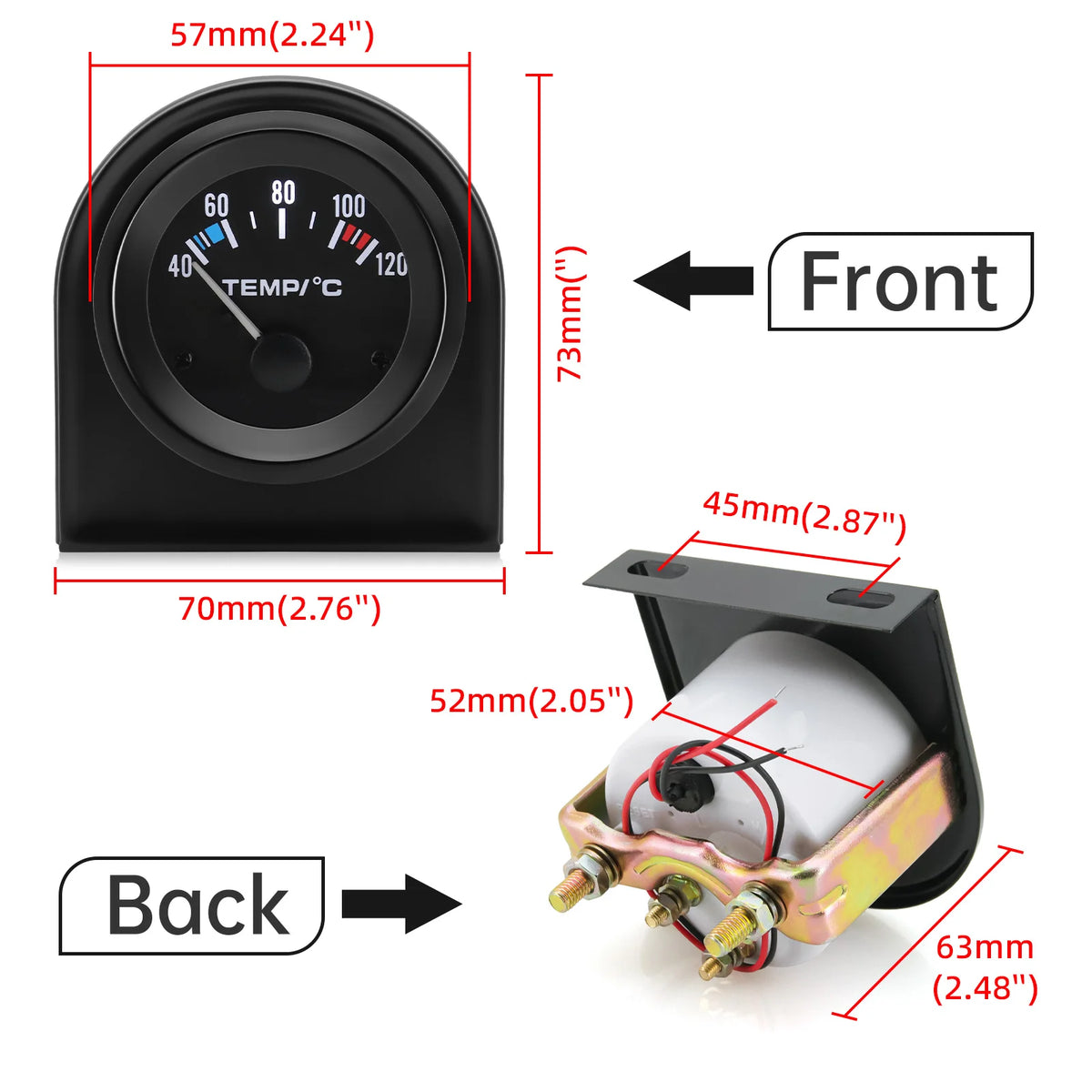 40-120 Celsius Car 52mm Water Temperature Gauge with Adaptor Joint Pipe Radiator 1/8NPT Sensor R - Automotive LED Light