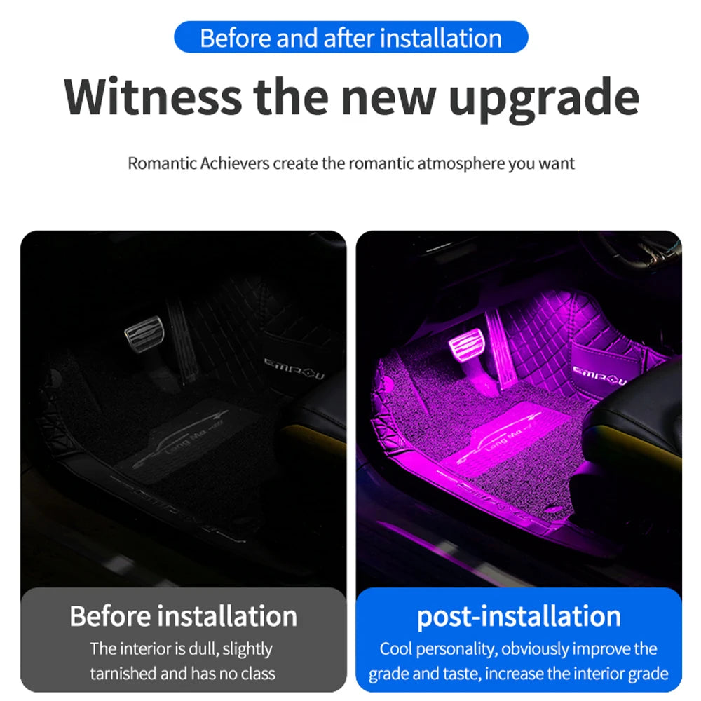 4in1 Car Ambient Decoration Lamp Kit RGB Neon Remote App Control Cigarette/USB RGB Foot Strip Ca - Automotive LED Light