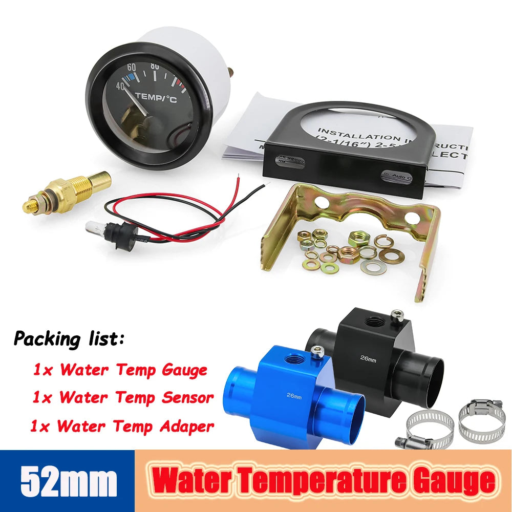 40-120 Celsius Car 52mm Water Temperature Gauge with Adaptor Joint Pipe Radiator 1/8NPT Sensor R - Automotive LED Light