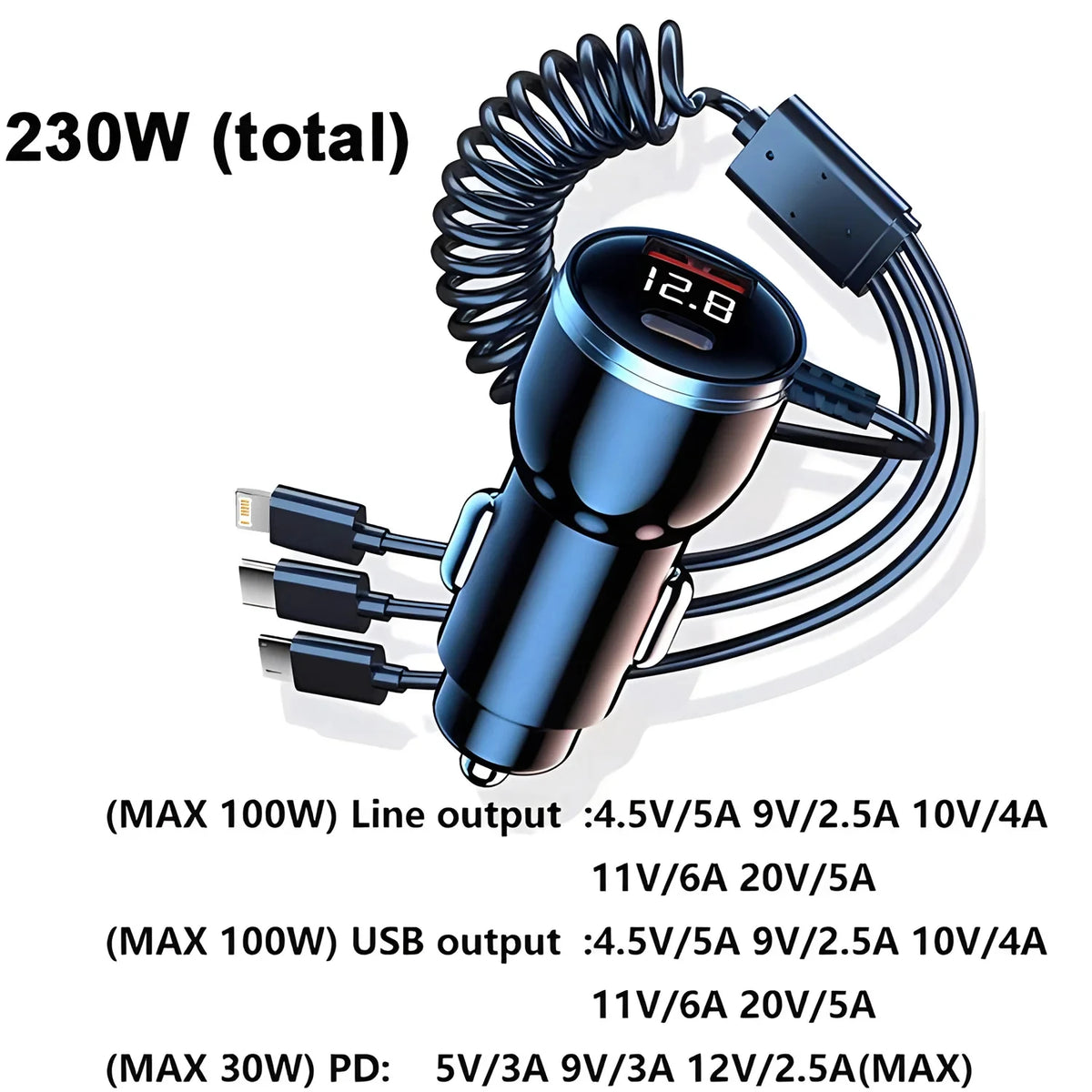 230W 5-Port Fast Charge Car Charger PD QC3.0 USB-C Type-C Adapter for iPhone Samsung Huawei Xiao - Automotive LED Light