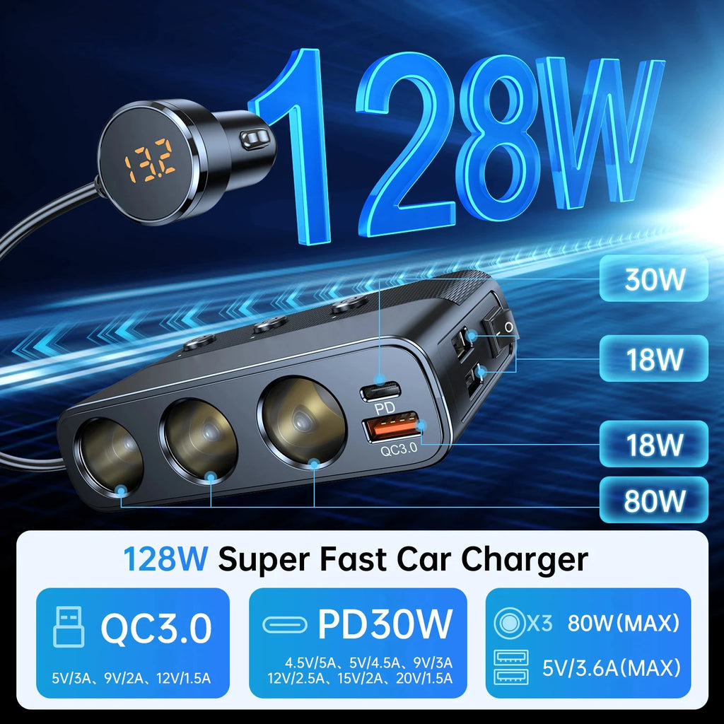 127W 7-in-1 Car Charger Splitter PD30W QC3.0 cigarette Lighter Adapter Car Cigarette Lighter Soc - Automotive LED Light