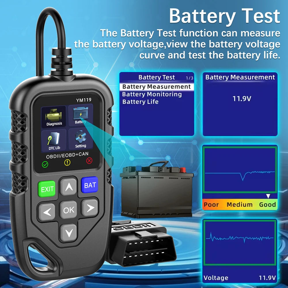 Car OBD2 Diagnostic Tools YM119 12V Scanner OBD2 Code Reader OBDII Adapter Clear Erase Fault Cod - Automotive LED Light