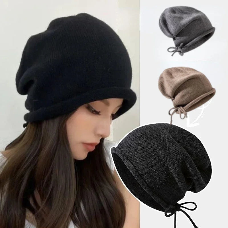 Knitted Bonnet Hoods Female Winter Warm Baggy Slouchy Beanies Hat Women Fashion Drawstring Pullo - Automotive LED Light