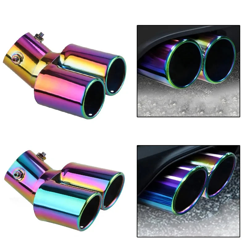 Decoration Chrome Tail Pipe Stainless Steel Car Styling Universal Curved Double Outlet Car Exhau - Automotive LED Light