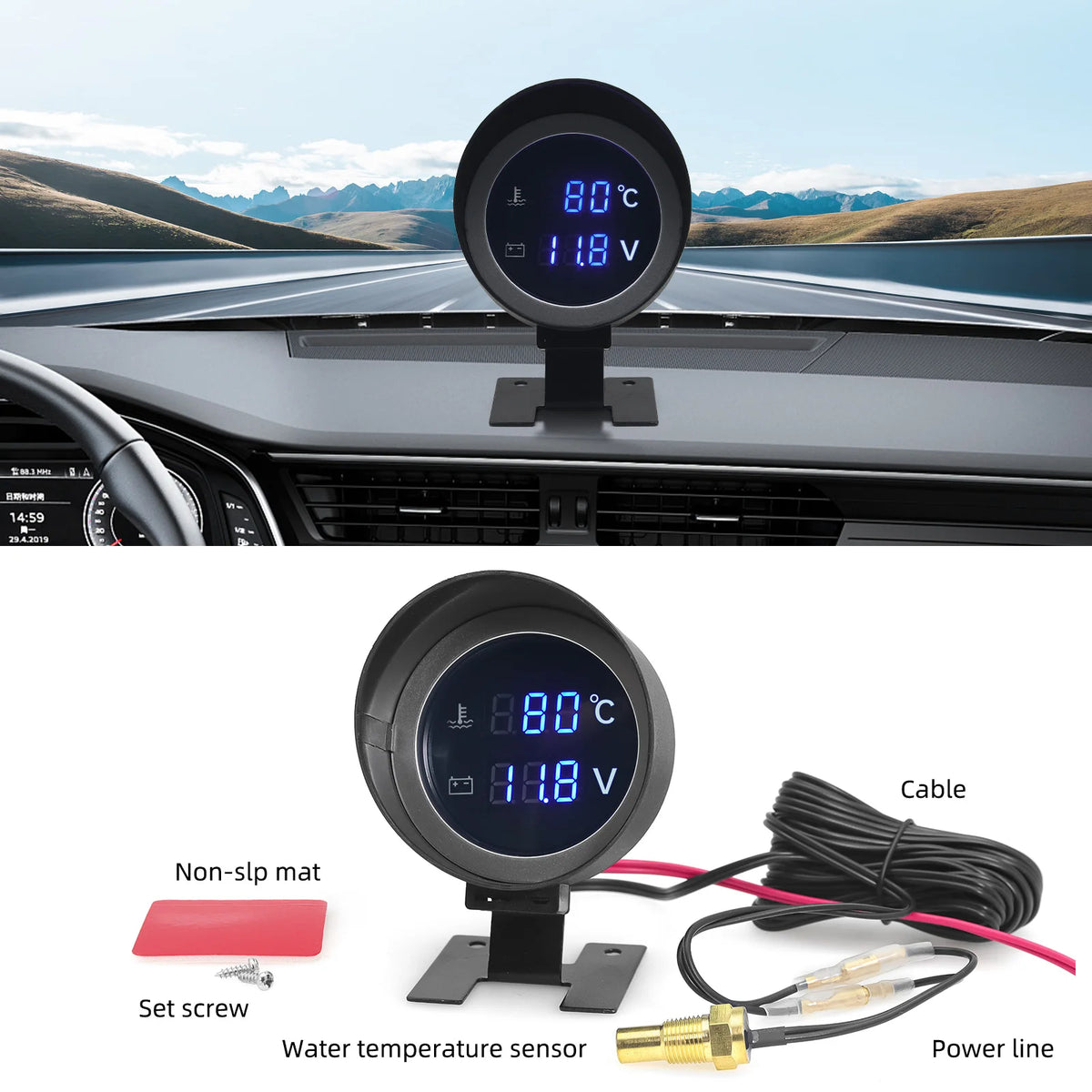 AD Round Led Digital Car Water Temp Gauge + Voltmeter 2in1 Water Temperature Adapter Moto Volt M - Automotive LED Light