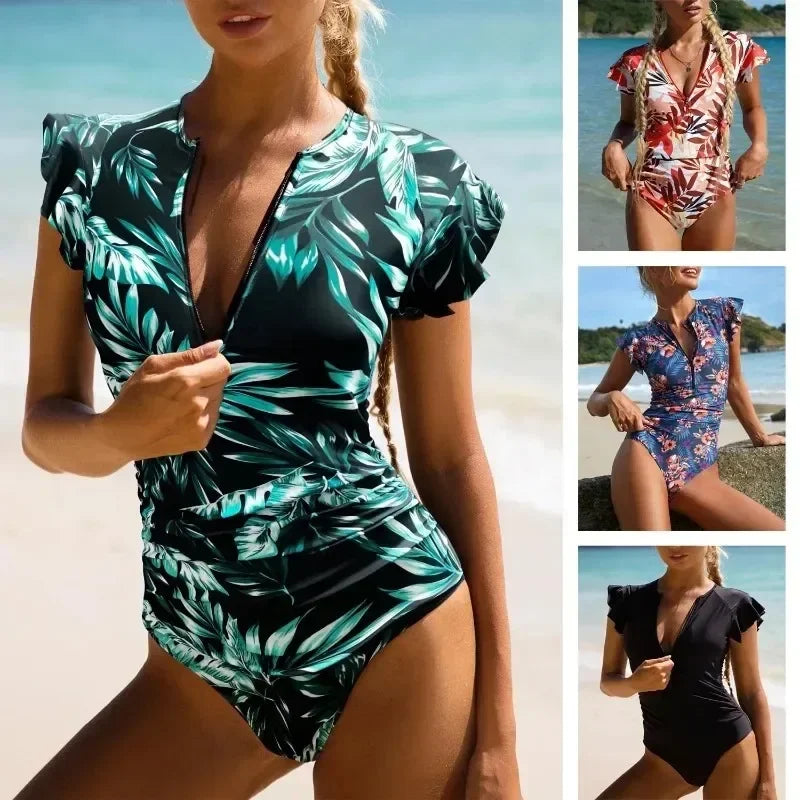 2024 Fashion Short Dress One-piece Swimsuit Zipper Swimsuit Sexy Bikini Women's Thickened Printe - Automotive LED Light