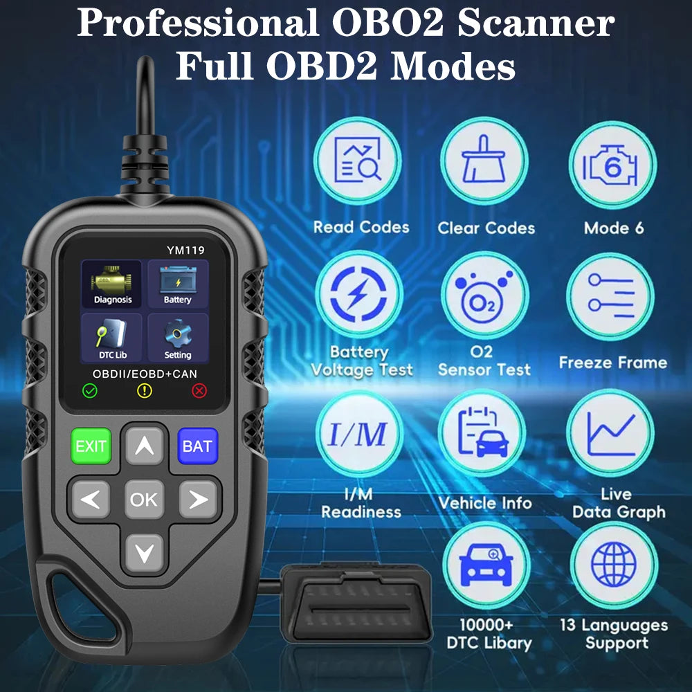 Car OBD2 Diagnostic Tools YM119 12V Scanner OBD2 Code Reader OBDII Adapter Clear Erase Fault Cod - Automotive LED Light