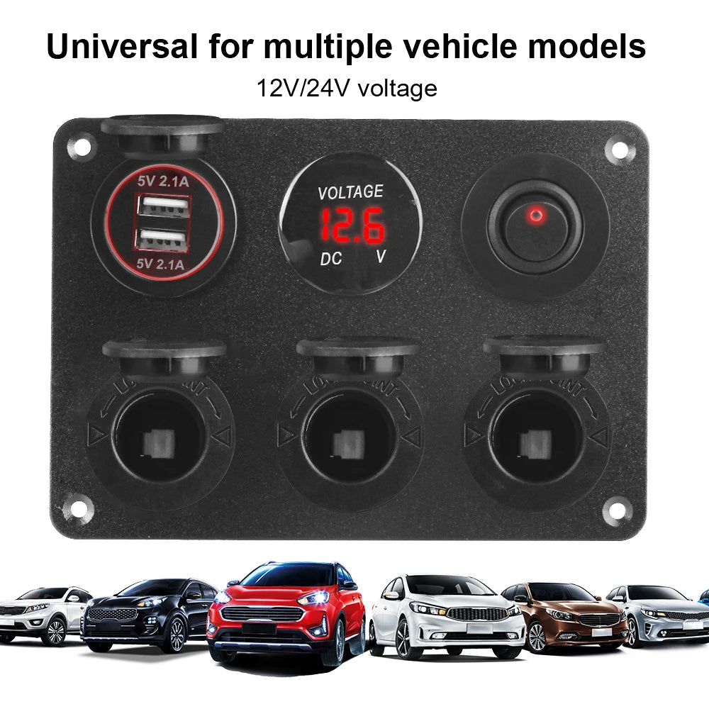 24V 12V Socket Panel Power Distribution 3 Cigar Lighter Ports 2 USB Chargers 3.0 With Switch Vol - Automotive LED Light