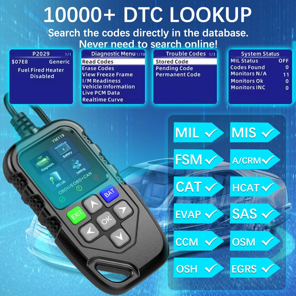 Car OBD2 Diagnostic Tools YM119 12V Scanner OBD2 Code Reader OBDII Adapter Clear Erase Fault Cod - Automotive LED Light