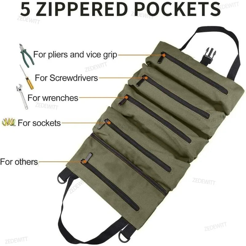 Tool Roll Heavy Duty Multipurpose Roll Up Tool Bag Canvas Wrench Roll Tool Organizer Bucket Car  - Automotive LED Light