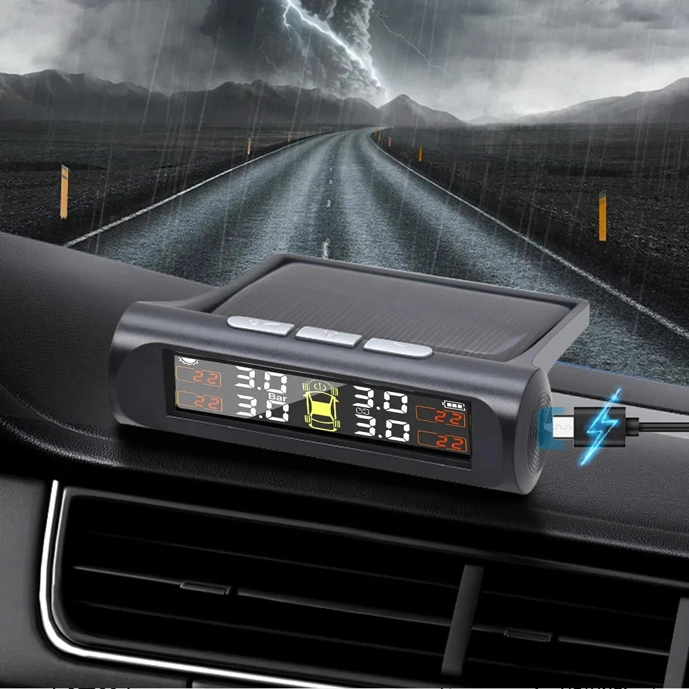 TPMS Car Tire Pressure Monitoring System Solar Charging 4 External Sensor Real-time Display Auto - Automotive LED Light