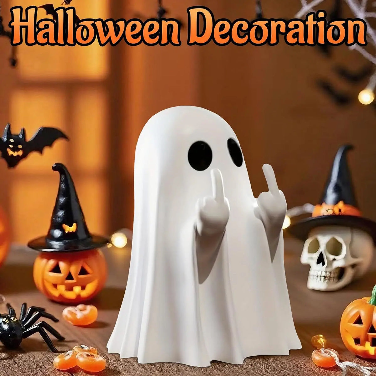 Funny Middle Finger Ghost Figurine Mini Resin Halloween Decor Spooky Statue for Office Desk Pran - Automotive LED Light