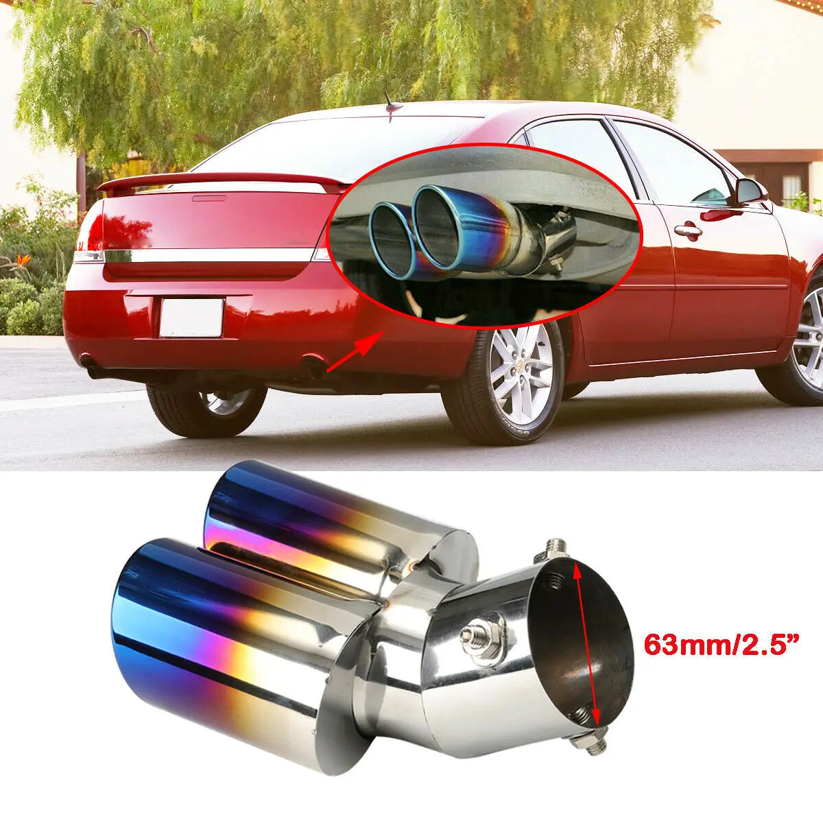 63mm Dual Outlet Universal Car Exhaust Tip Stainless Steel Auto Muffler Tail Pipe Car Accessorie - Automotive LED Light
