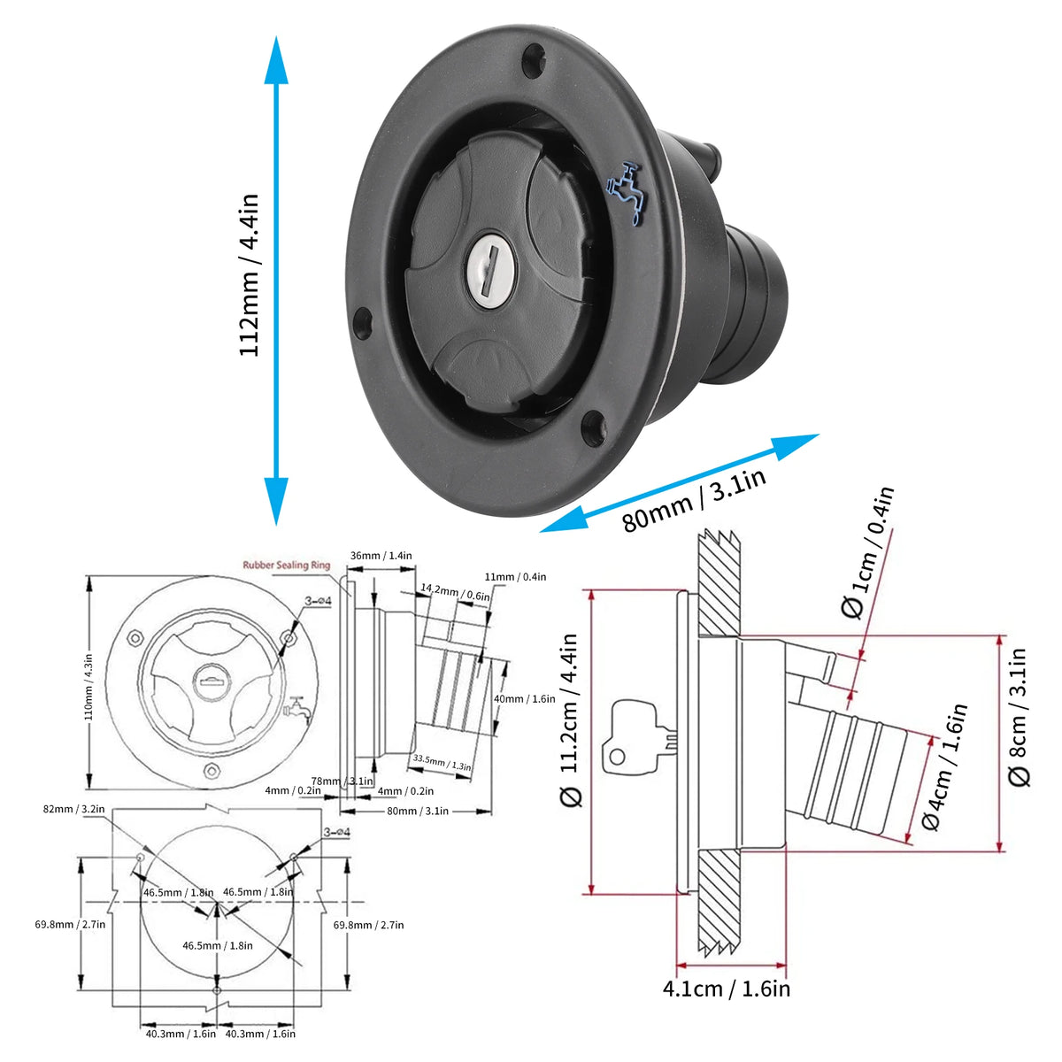 Gravity Water Inlet RV Parts Gravity Freshwater Inlet Lockable Leakproof Water Filler with 2 Key - Automotive LED Light