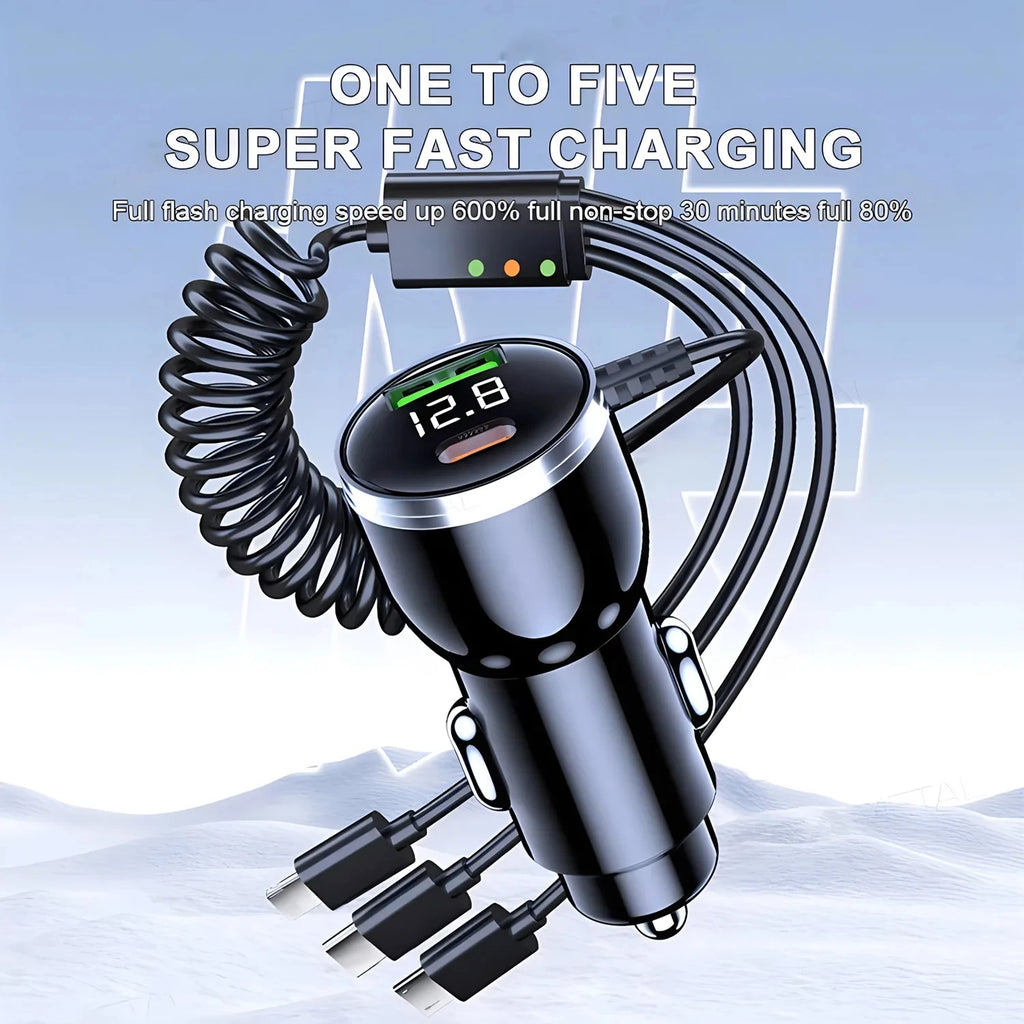 230W 5-Port Fast Charge Car Charger PD QC3.0 USB-C Type-C Adapter for iPhone Samsung Huawei Xiao - Automotive LED Light