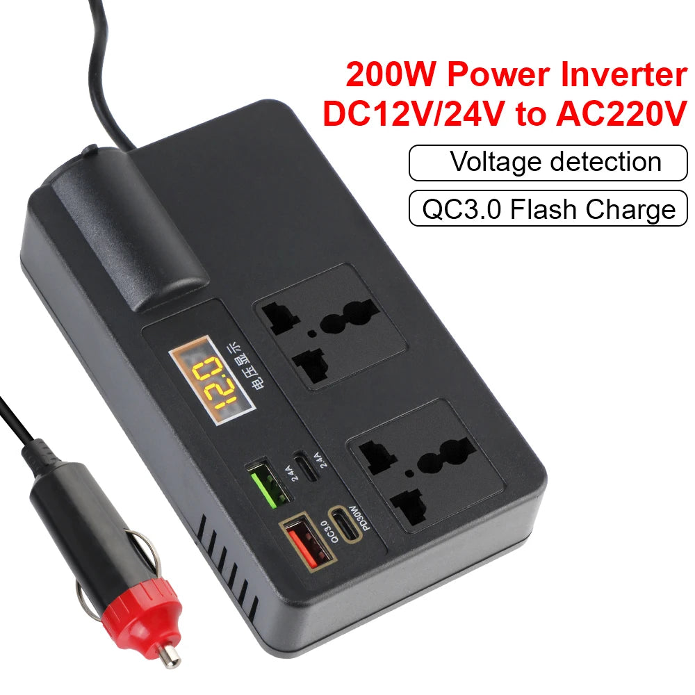 DC/AC Inverter 12V/24V to 220V Car Converter 7 Ports PD Type-C USB Chargers 3.0 Cigar Lighter Pl - Automotive LED Light