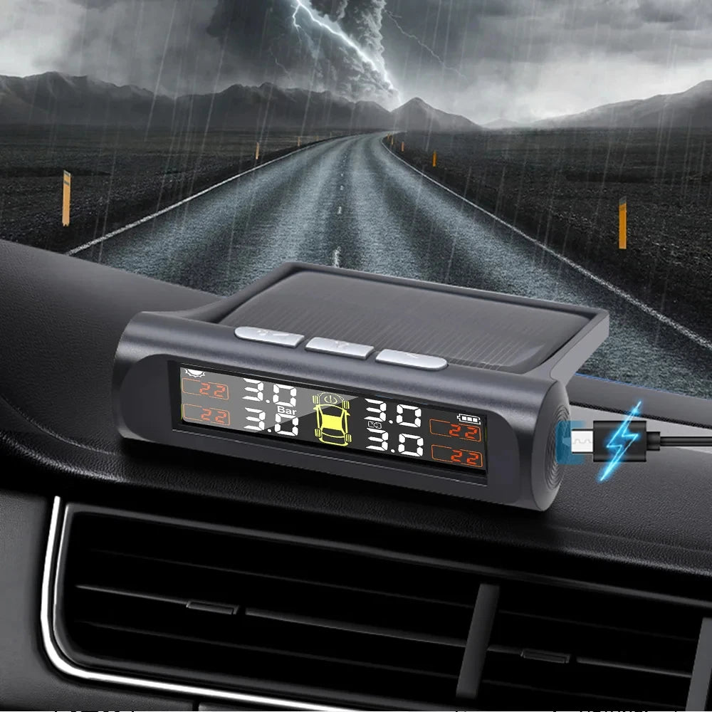 TPMS Solar Tire Pressure Sensor Car Tire Pressure Monitoring System with 4 Wheel Internal Extern - Automotive LED Light