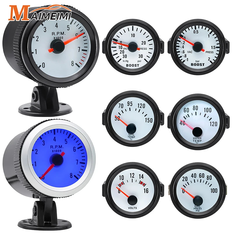 52MM Gauge Tachometer Boost Psi Bar Oil Water Temp Oil Pressure Vacuums Voltmeter 0-8000 RPM Met - Automotive LED Light