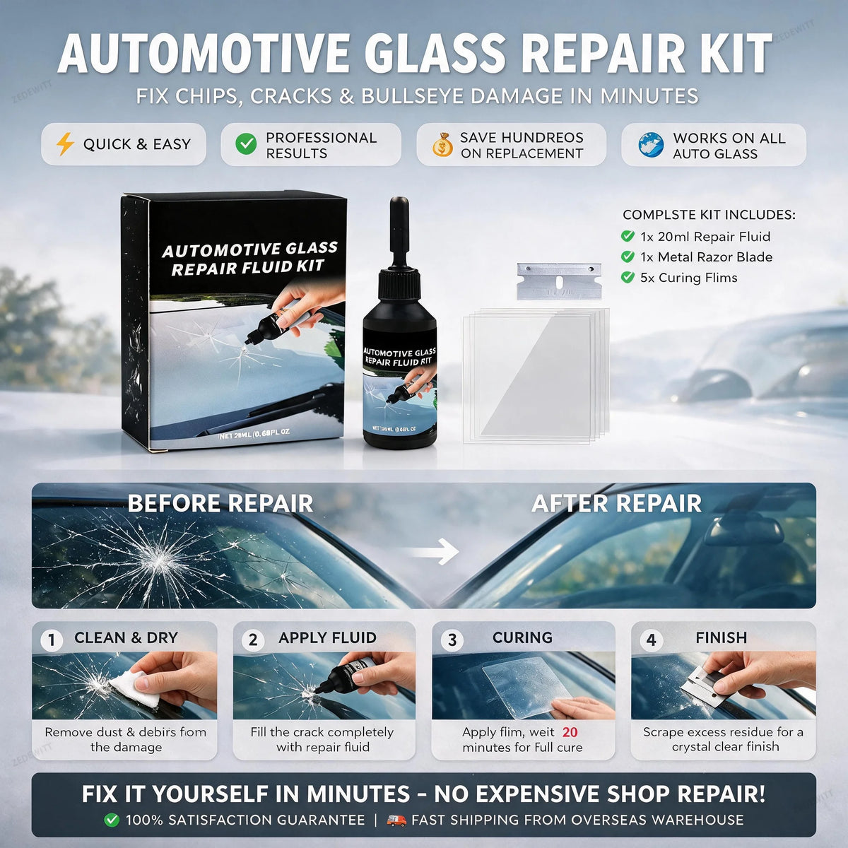 20ml Car Window Repair Resin Kit DIY Crack Chip Scratch Fix Tool Curing Film Scraper Portable Au - Automotive LED Light