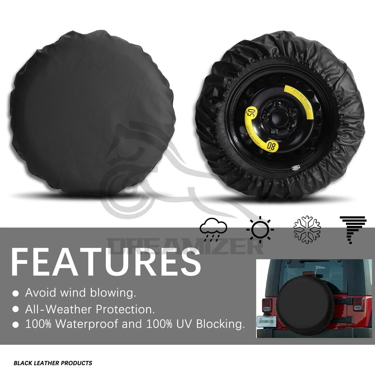 13" -17" Universal PU Leather Spare Wheel Tyre Cover Weather Protection Storage Cover Wheel Vehi - Automotive LED Light