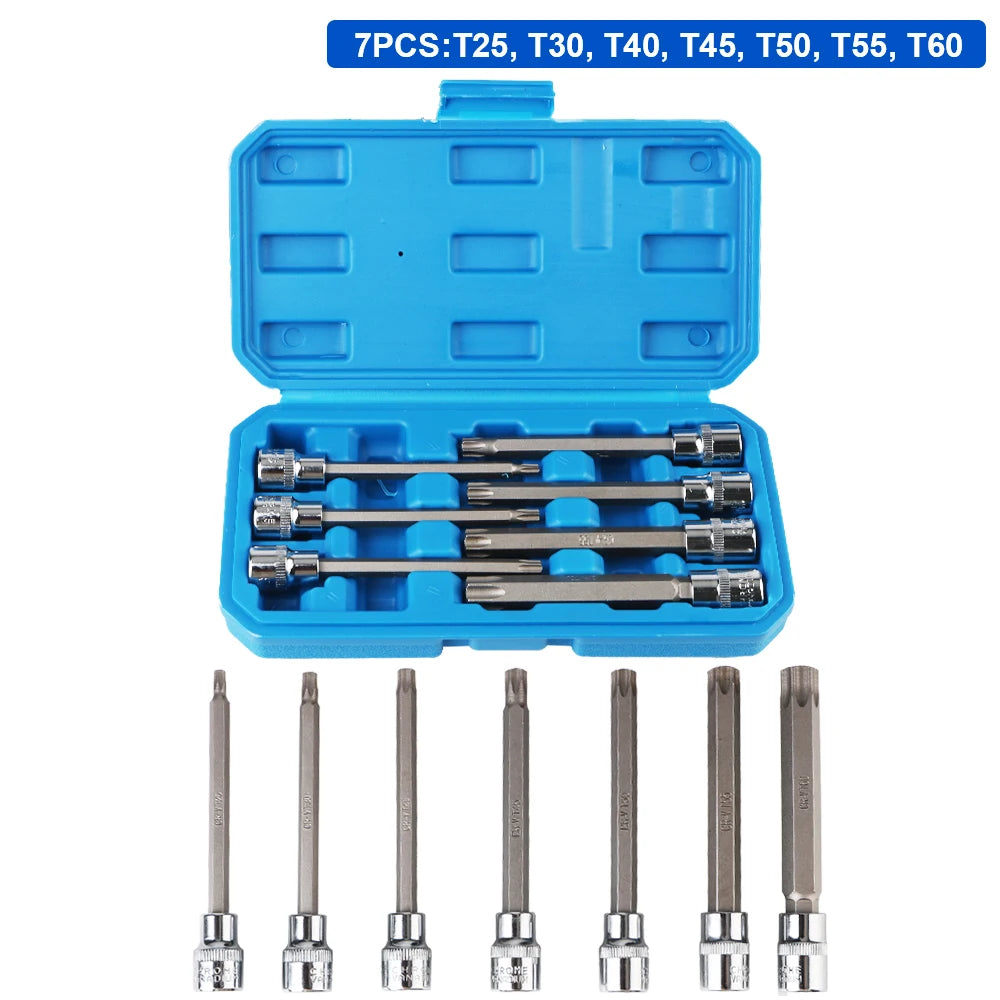 7Pcs Car Removal Tools Torx Bit Socket Wrench Set CRV Steel Extra Long T25, T30, for T30 T55 T25 - Automotive LED Light