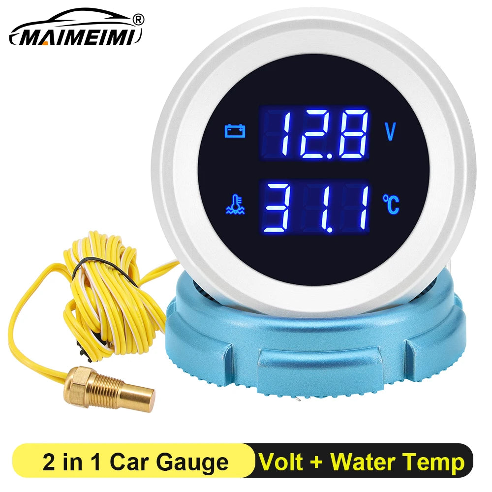 2" 52mm Water Temperature Gauge with Sensor 10mm Blue LED Digital Voltage Volt Meter 2 in 1 Gaug - Automotive LED Light