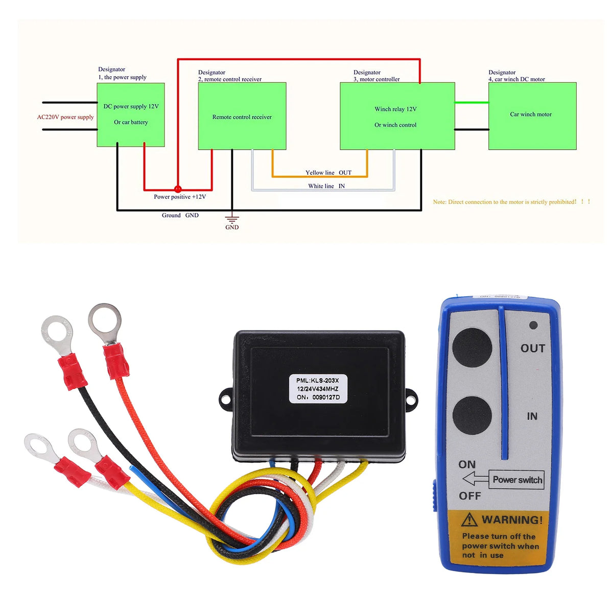Universal Winch Wireless Remote Control Switch Kit with Receiver 12V 24V for Truck Jeep ATV SUV - Automotive LED Light