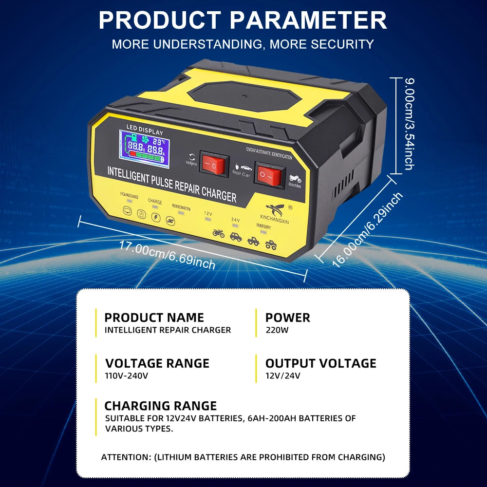 220W Car Battery Chargers 12V 24V 8A Automatic Switch Storage Cell Charging Device Intelligent P - Automotive LED Light