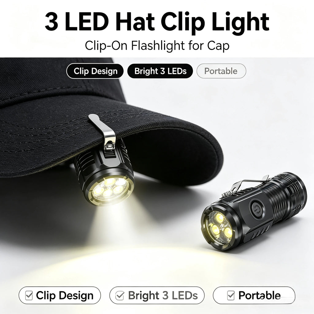 Compact Pocket 3 LED Torch USB Rechargeable Hands‑free Cap Clip Flashlight Portable Mini Lamp fo - Automotive LED Light