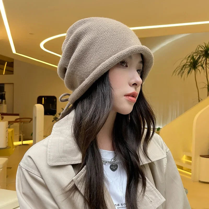 Knitted Bonnet Hoods Female Winter Warm Baggy Slouchy Beanies Hat Women Fashion Drawstring Pullo - Automotive LED Light