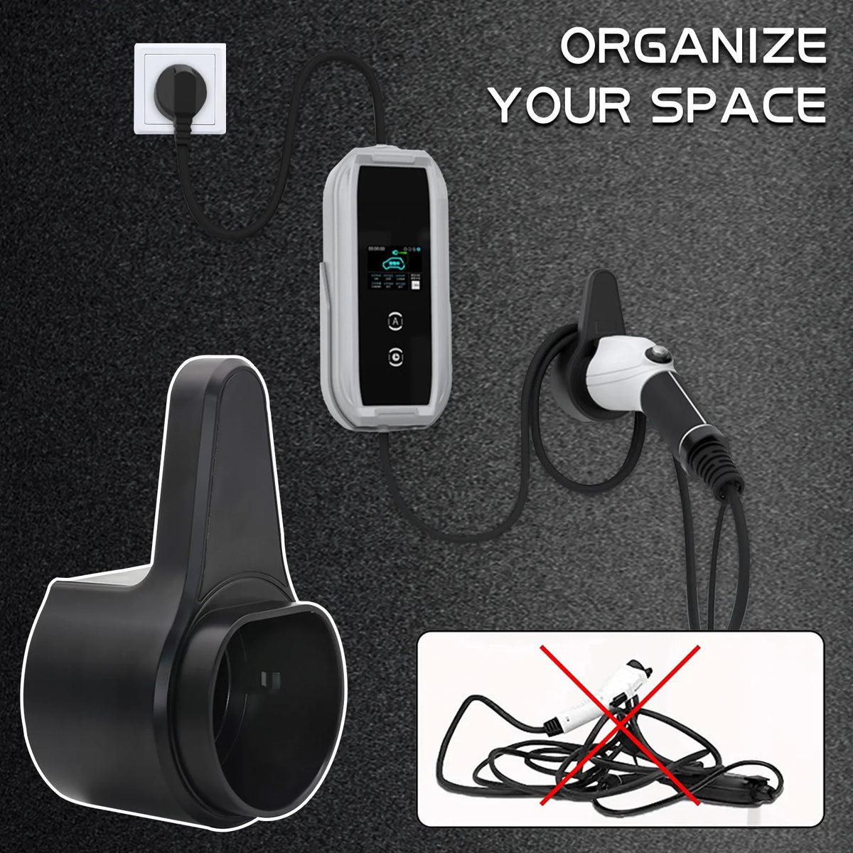 EV Charger Holder Holster Dock Wall-Mount For Electric Vehicle Cars Type 2 Charging Cable Extra  - Automotive LED Light