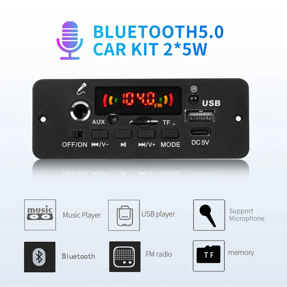 10W Digital Amplifier MP3 Decoder Board DC 5V Bluetooth 5.0 FM Support Microphone Car MP3 Player - Automotive LED Light