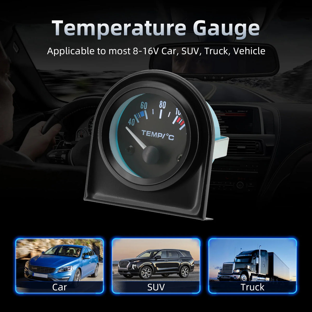 Car Water Temperature Gauge With Water Temp Joint Pipe Sensor Adapter 1/8NPT 52mm Temperatura Mo - Automotive LED Light