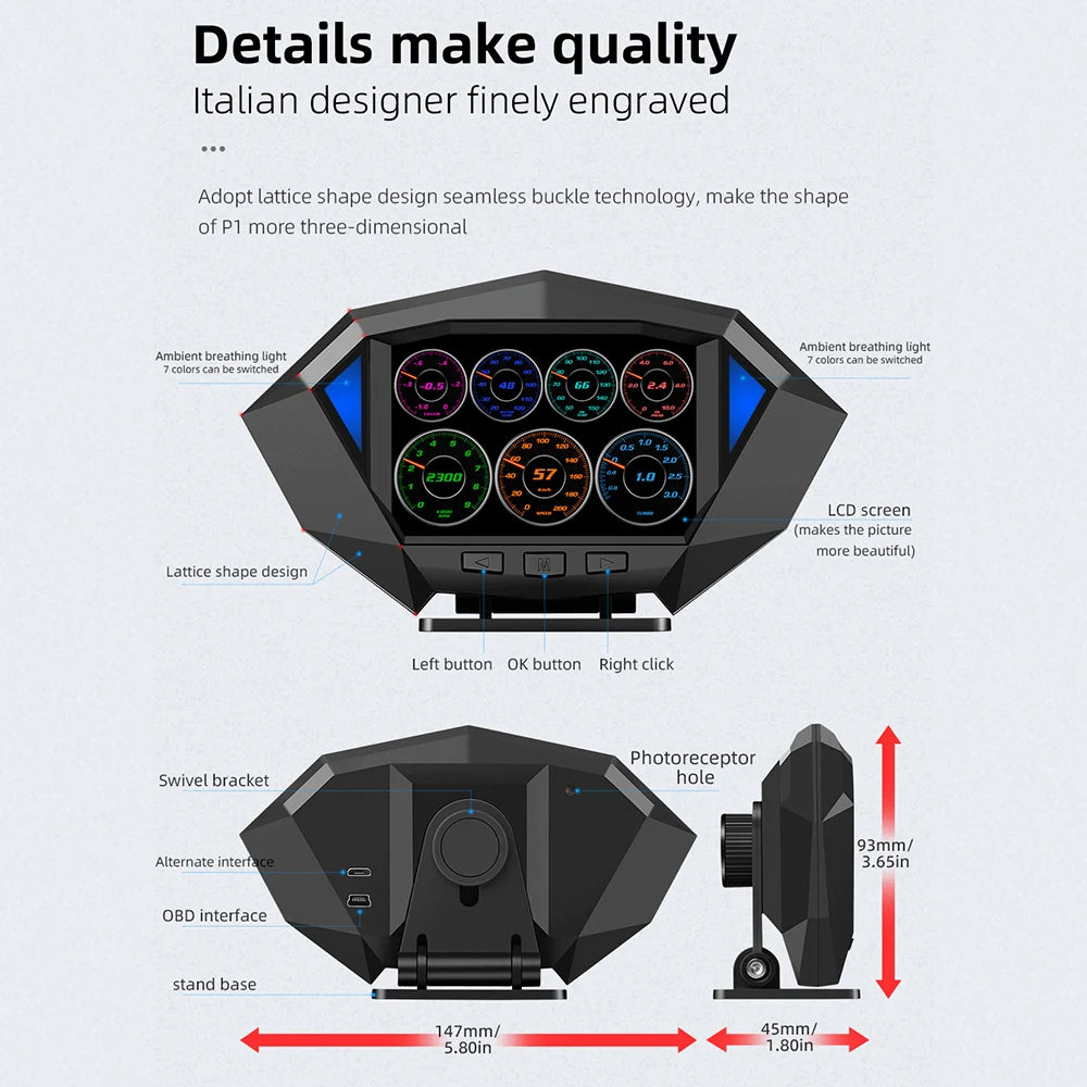 Car HUD P1 OBD2 Head Up Display On Board Computer Clock Slope Meter GPS Y03 Spee for OBD2 Y03 P1 - Automotive LED Light
