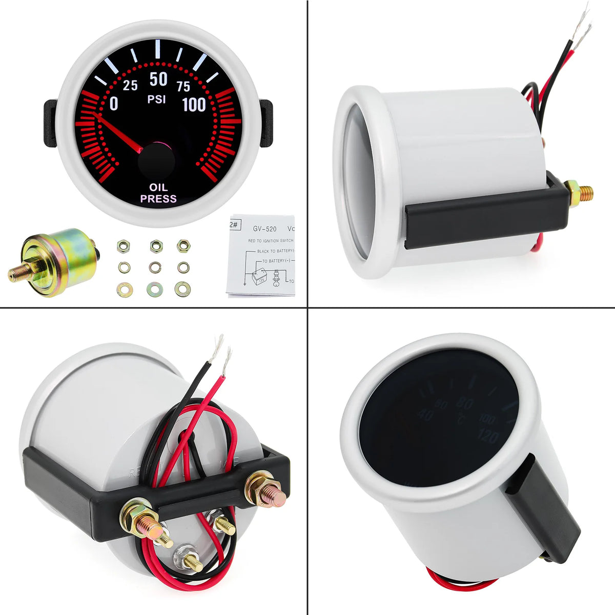 AD 52mm Universal Smoke Len Tachometer RPM Turbo Boost Gauge 2 Bar PSI Water Temp Meter Oil Pres - Automotive LED Light